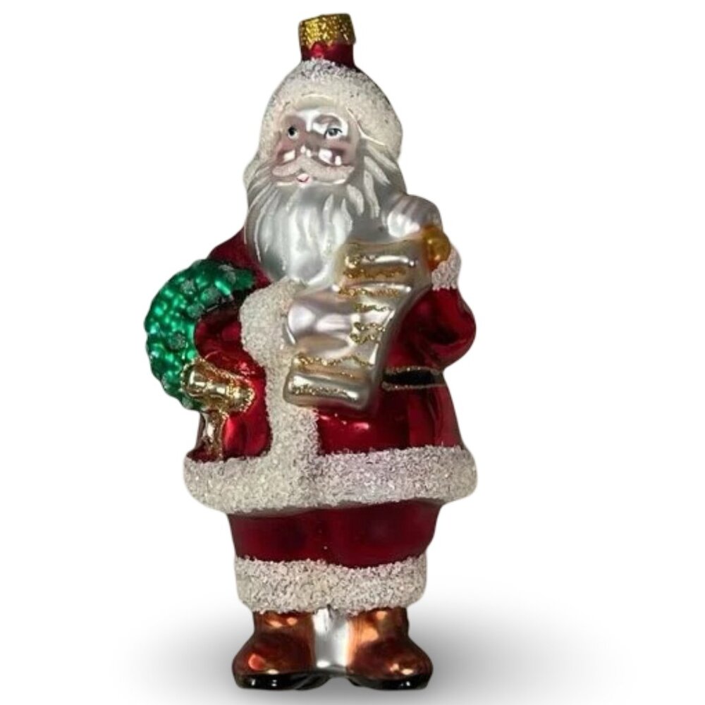 Vintage Santa Claus Christmas Ornament Handcrafted Glass Wreath‎ List Toys